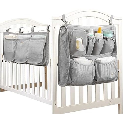 SUNVENO Diaper Organizer for Changing Table, Mesh Crib Diaper Stacker Nursery Organizers for Cribs Hanging Diaper Caddy Organizer, Grey