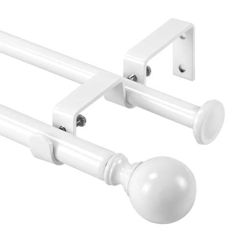 Urbanest Adjustable Double Curtain Rod Set Metal with Decorative Ball Finials, Heavy-Duty, 28"-48", Glossy White