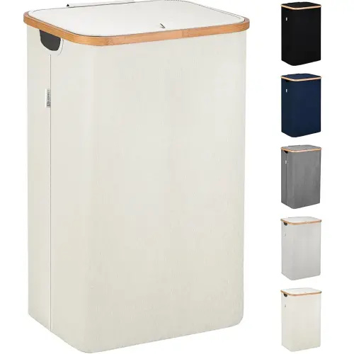 LONBET Laundry Basket with Lid, Made from Breathable Fabric | Aesthetic Clothes Hampers for Laundry with Side Handles & Sturdy Bamboo Frame (26 Gallons - Single, Beige)