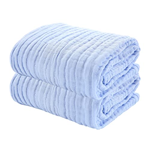 YEBON ProC 2Pcs Baby Muslin Bath Towels, Super Soft Cotton Bath Towel 6 Layers Infant Newborn Swaddle Blanket 41.3 X41.3 Inches,Baby Registry as Shower (Blue)