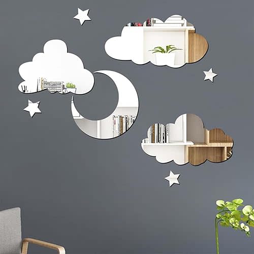 Modern Minimalist Mirror Sticker Decor, 8Pcs Acrylic Stars, Clouds & Moon Decals for Baby Kids Children's Room, Wall, Door, Shelf Decoration