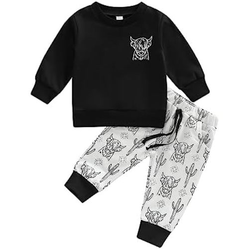 SAYOO Western Baby Boy Clothes Cow Print Sweatshirt Pullover Top Jogger Pants 2Pcs Toddler Boy Cowboy Fall Winter Outfits