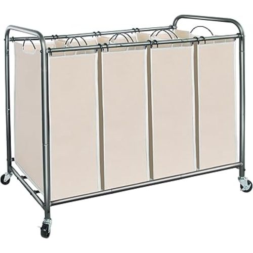 STORAGE MANIAC Laundry Sorter 4 Section, Laundry Hamper with Wheels, Laundry Basket Sorter, Laundry Separator Hamper, Laundry Divider Hamper, 4 Bag Laundry Hamper with Wheels and Removable Bags, Beige