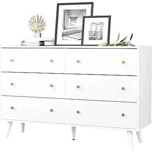 White Dresser for Bedroom, Modern 6 Drawer Dresser, Wide Chest of Drawers with Gold Handles, Wood Double Dresser Storage Cabinet for Living Room, Bedroom, Hallway