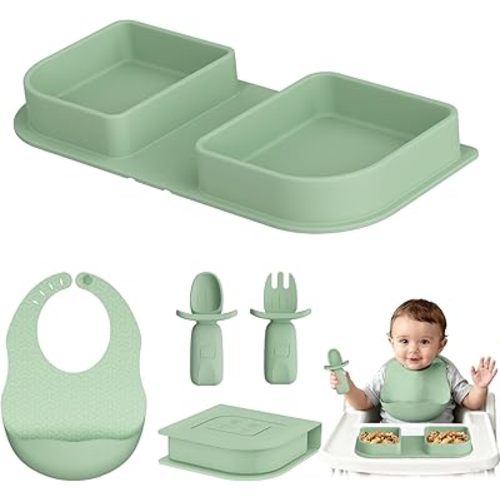 Green Foldable Silicone Baby Feeding Set, Portable Travel Baby Feeding Essentials Including Toddler Plates, Silicone Baby Spoon&Fork, Adjustable Foldable Bib, Portable Infant Toddler Utensils