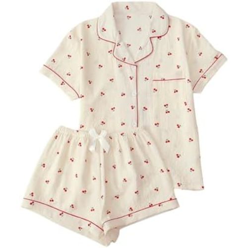 Verdusa Women's 2 Piece Pajama Sets Lightweight Fall Pajamas Cute Pj Set Button Shirt with Shorts Lounge Pjs
