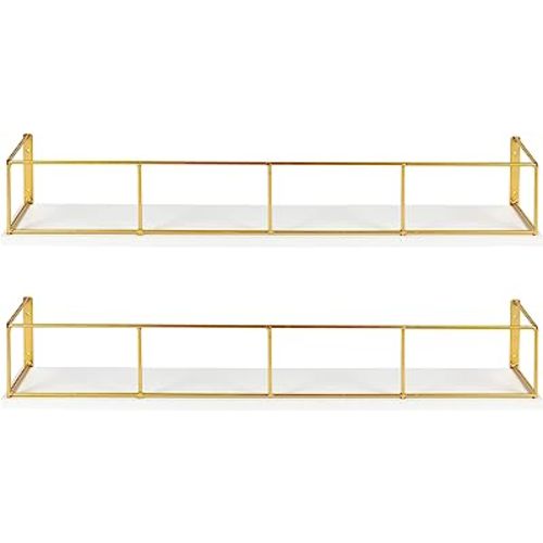 Kate and Laurel Benbrook 24 inch 2-Pack Wood and Metal Floating Wall Shelves, White and Gold