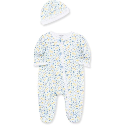 Little Me Baby Girls' 100% Cotton Scratch Free Tag 2-Piece Sleeper Footie and Cap Set - 6 Months - Dainty Blossoms