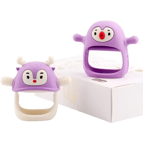 Smily Mia Baby Teething Toy |Penguin Teether for 0-6Months |Reindeer Baby Chew Toys for 3m+, Soft Silicone Hand Teether |Teething Mitten for Teething Pain Relief, Baby Essentials Gift Box, Purple