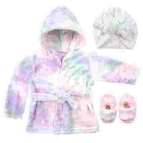 Baby Robe - Soft Plush Bath Towel Robe Spa Set - Baby Bathrobe Towel & Slippers for Boys + Turban for Girls Robe Set (Tie Dye, 0-9 Months)