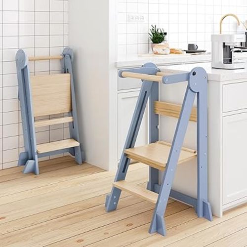 Foldable Kitchen Tower, Height Adjustable Standing Tower for Toddlers Learning New Skills, Wooden Kids Kitchen Stool Helper with Safety Rails- Ages 18 Months to 6 Years