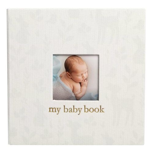 Pearhead Deer Print Linen Baby Book, Keepsake Memory Book for Baby Boy or Girl, With Baby Photo Insert, Timeless Spiral Bound Scrapbook, Soft Woodland Theme