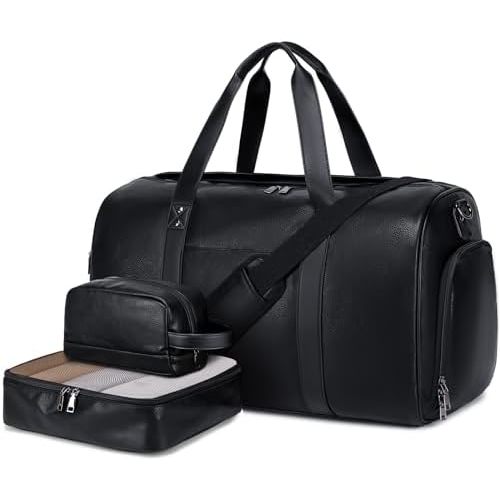 Wogarl 3PCS Faux Leather Weekender Bag for Women Men Large Overnight Bag Travel Duffel Bag with Shoe Compartment Toiletry Packing Cube Carry On Bag Fit 21" Laptop(Black)