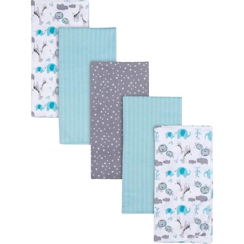 Gerber Boys Newborn Infant Baby Toddler Nursery 100% Cotton Flannel Receiving Swaddle Blanket, Safari White,5 Count (Pack of 1)