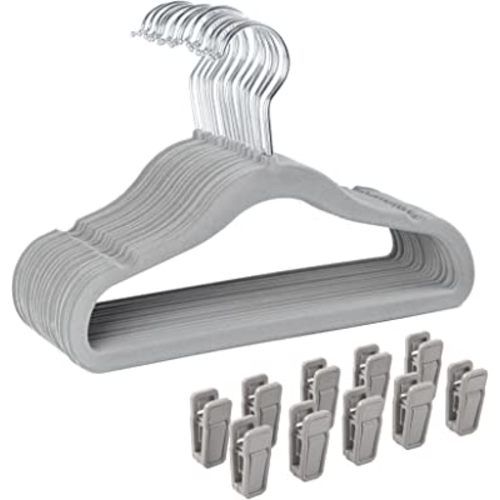 Finnhomy Non-Slip Clothes Hangers for Baby and Kids 30-Pack Velvet Hangers with 10 Finger Clips, Gray