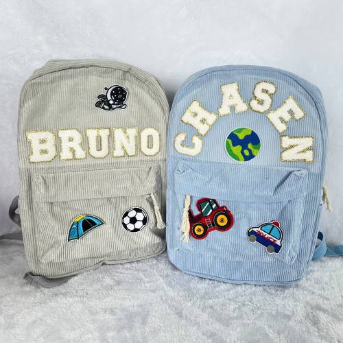 Personalized Name Corduroy Backpack, Custom Backpack with Chenille Letter Patch, School Bag For Kids, Birthday Gift for Kids