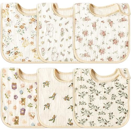Zainpe 6Pcs Snap Muslin Cotton Baby Bibs Soft & Absorbent Burp Cloths for Newborns Drooling Feeding