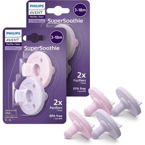 Philips Avent Soothie 3-18 Months Orthodontic Baby Pacifiers, 100% Silicone Pacifiers, One Piece, BPA-Free, 2 Lilac and 2 Pink, 4 Pack, Model SCF192/70