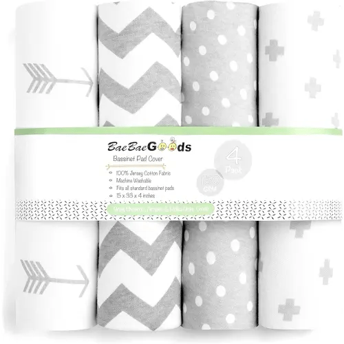 Bassinet Bed Sheets – Bassinet Fitted Sheets 4 Pack – 100% Jersey Knit Cotton Cradle Sheets – Bassinet Bedding for Standard Size Oval or Rectangular Bassinet Pads – Bassinet Sheet for Boy & Girl