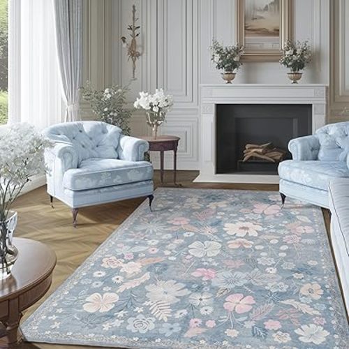 Blue 5x7 Area Rugs for Living Room Washable Soft Faux Fur Elegant Vintage Rugs Boho Floral Non Slip Stain Resistant Sound Absorbing Low Pile Carpet Rug for Bedroom Dining Room Nursery