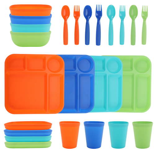Your Zone 24-Piece Plastic Kids Dinnerware Set with 4 Trays, Bowls, Plates, Cups, Forks, Spoons in Orange, Blue, Aqua, Green