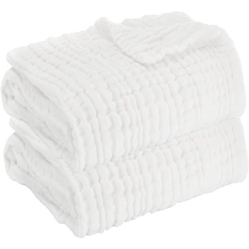 Muslin Baby Blanket Set of 2, 6-Layer 43 x 43 Inches Newborn Toddler Bath Towel Swaddle Wrap Blankets for Boys Girls(White)