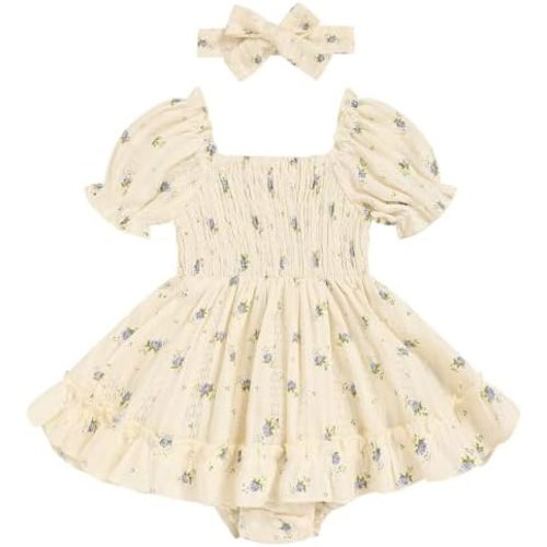 GRNSHTS Baby Girl Romper Dress, Puff Sleeve Smocked Outfit with Headband for Infants Soft Cotton Photo Shoot