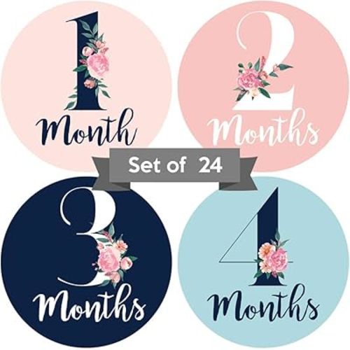 Baby Monthly Stickers - Set of 24 - Floral Baby Girl Milestone Stickers - Perfect for Newborn Girls - Month to Month Milestones -Pink Navy & Teal Floral Design (Set of 24)