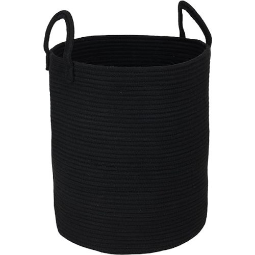 Black Cotton Rope Laundry Basket Hamper for Clothes Woven Storage Basket for Living Room Bedroom Boho Tall Rope Baskets for Blanket Toys Pillow Towels Baby Nursery Hamper Bin Large