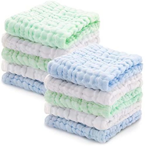 Baby Muslin Washcloths 10 Pack, 6 Layers Natural Muslin Cotton Baby Wipes, Newborn Baby Face Towel for Sensitive Skin, Baby Registry as Shower Gift Set, Extra Soft, Breathable, 12x12 inches (Blue-Gree