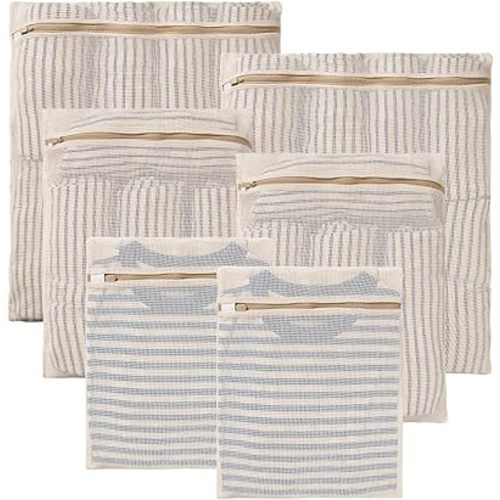HEAVYWOOD 6-Piece Cotton Mesh Landry Bag Organic Wash Bag for Washing Machine Lingerie Bags for Washing Delicates with Sturdy Anti-Rust Zipper Clothes Washing Bag (6Bags)