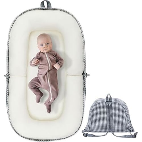 Baby Lounger, Foldable Baby Travel Bassinet with Soft Memory Foam Mat, Converts to Backpack Baby Travel Nest for Newborn Infant Babies 0-12 Months (Thousand-Bird Gramme)