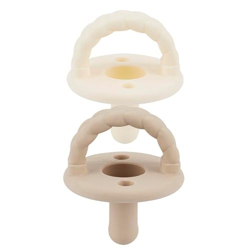 Itzy Ritzy Silicone Pacifiers for Ages 6-18 Months - Itzy Soother Pacifiers Feature Collapsible Handle & Two Air Holes for Added Safety; Set of 2 in Toast & Buttercream, Ages 6-18 Months