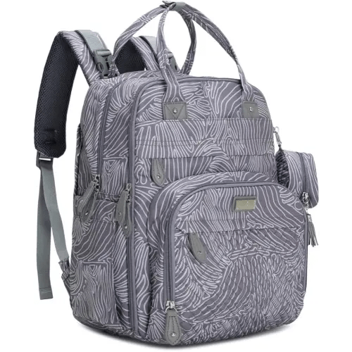 BabbleRoo Diaper Bag Backpack - Baby Essentials Travel Tote - Multi Function Water Resistant Diaper Bag, Travel Essentials Baby Bag with Changing Pad, Stroller Straps & Pacifier Case - Grey Swirls