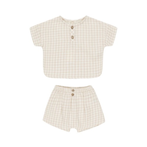 Grid Print Organic Cotton Henley T-Shirt & Shorts Set, 3-6M