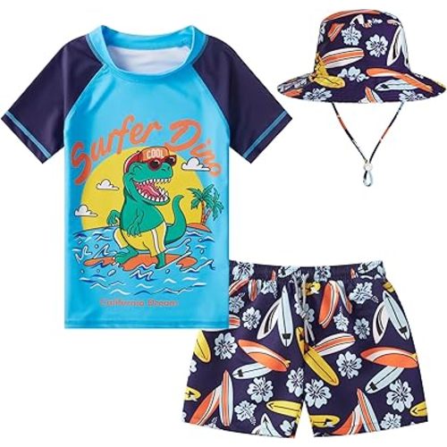 Toddlers and Baby Boys' 3-Piece Swimsuit Trunk Rashguard Set and Sun Hat Swimwear Bathing Suit Sunsuit Swim Shirt UPF 50+