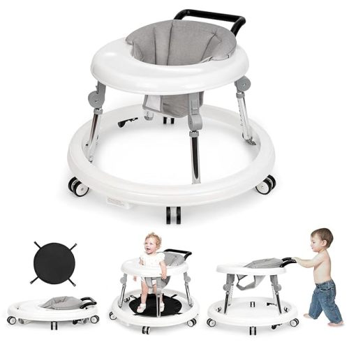 Baby Walker Foldable with 9 Adjustable Heights, Baby Walkers and Activity Center for Boys Girls Babies 7-18 Months, Baby Walker and Bouncer Combo with Wheels Portable Anti-Rollover