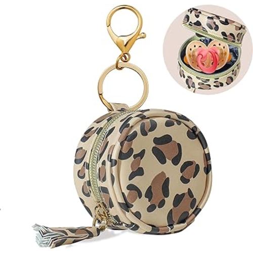 Smlpuame Pacifier Holder Case with Clip,PU Leather Pacifier Charm pod with Clasp for Diaper Bag or Purse,Pacifier Pouch Hold 2 Pacifiers,Nipple Shield Case,Outdoor Travel Accessories(Leopard)