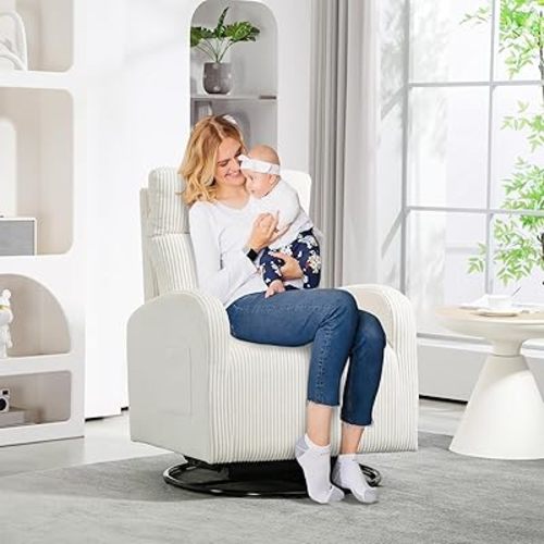 Swivel Glider Chair for Nursery, Modern Rocker Chair with High Back and Storage Pocket, Upholstered Accent Rocking Chair with Solid Metal Base for Living Room, Bedroom (Cream Corduroy)