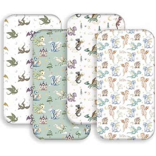 4 Pack Dragon Crib Sheets Neutral Unisex Fitted Nursery Baby Sheet Set Toddler Mattress Newborn Bedding Sheets for Baby Boys or Girls (Bassinet)