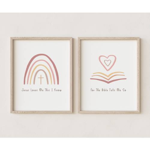 Christian Nursery Wall Art Decor Set of TWO Bible Wall Art Print For Children's Room Artwork Baby Shower Gift Hymn Jesus Loves Me Rainbow