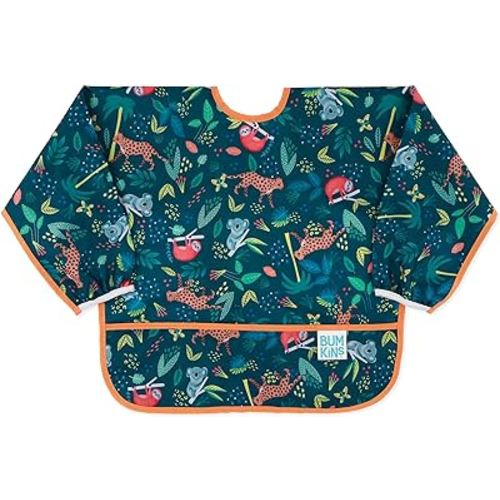 Bumkins Sleeved Bib for Girl or Boy, Baby and Toddler for 6-24 Mos, Essential Must Have for Eating, Feeding, Baby Led Weaning Supplies, Long Sleeve Mess Saving Food Catcher, Soft Fabric, Jungle
