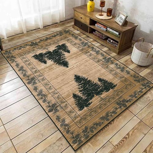 Country Cabin Area Rug 3x5ft Rustic Nature Forest Pine Cone Pine Tree Plant Vintage Home Decor Floor Rug Non-Slip Easy Clean Lodge Rug for Living Room Bedroom Entry Office Hardwood Floor