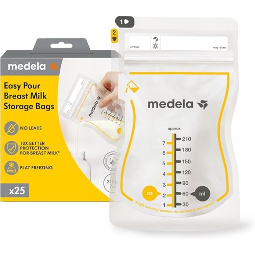Medela Easy Pour Breastmilk Storage Bags, Disposable Leakproof Breast Milk Bags with Milk Protection, Recyclable & BPA Free, 210ml Capacity, 25 Pack