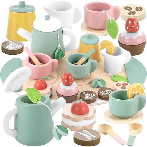 GAGAKU Wooden Tea Set for Kids, Wood Tea Party Set for Little Girls Wooden Coffee Afternoon Tea Toys Play Food forToddler Pretend Play Kitchen Accessories for Kids