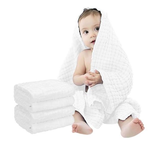 FOOK FISH Muslin Baby Towel Super Soft Cotton Baby Bath Towel 2 Pack 6 Layers Infant Towel Newborn Towel Blanket Suitable for Baby's Delicate Skin 40 x 40inches (White) - White 2 Pack