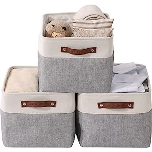 DECOMOMO Storage Bins | Fabric Storage Basket for Shelves for Organizing Closet Shelf Nursery Toy | Decorative Large Linen Closet Organizers with Handles Cubes (Grey and White, Large - 3 Pack)
