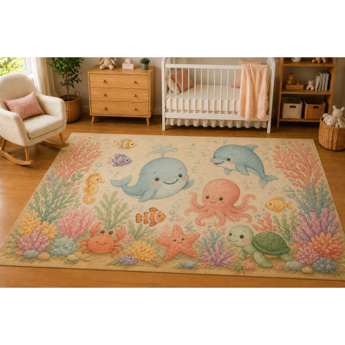 Trinx "Ultra Thin" 5' x 7'Baby Ocean Friends Coral Reef Area Rug for Nursery, Soft Low Pile Indoor Rug with Non-Slip Silicone Backing, Kids Room, Playroom, Kids & Pets, Aqua Pastel | Wayfair
