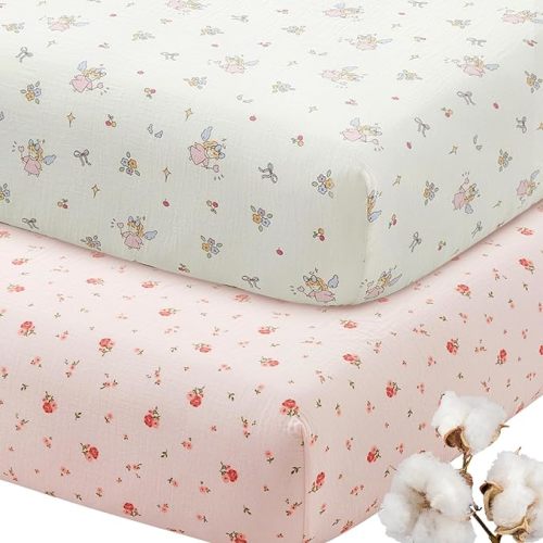 SiinvdaBZX 2 Pack Muslin Crib Sheets for Girls, Ultra Soft Cotton Breathable Fitted Baby Crib Mattress Sheets for 52"x28" Standard Toddler Mattress (Little Fairy + Flower)