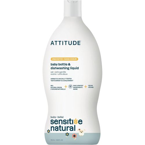 ATTITUDE Baby Dish Soap for Sensitive Skin with Oatmeal, Plant and Mineral-Based Ingredients, Vegan Household Products, Unscented, 23.6 Fl Oz